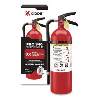 Kidde fire extinguisher mounted on jobsite wall