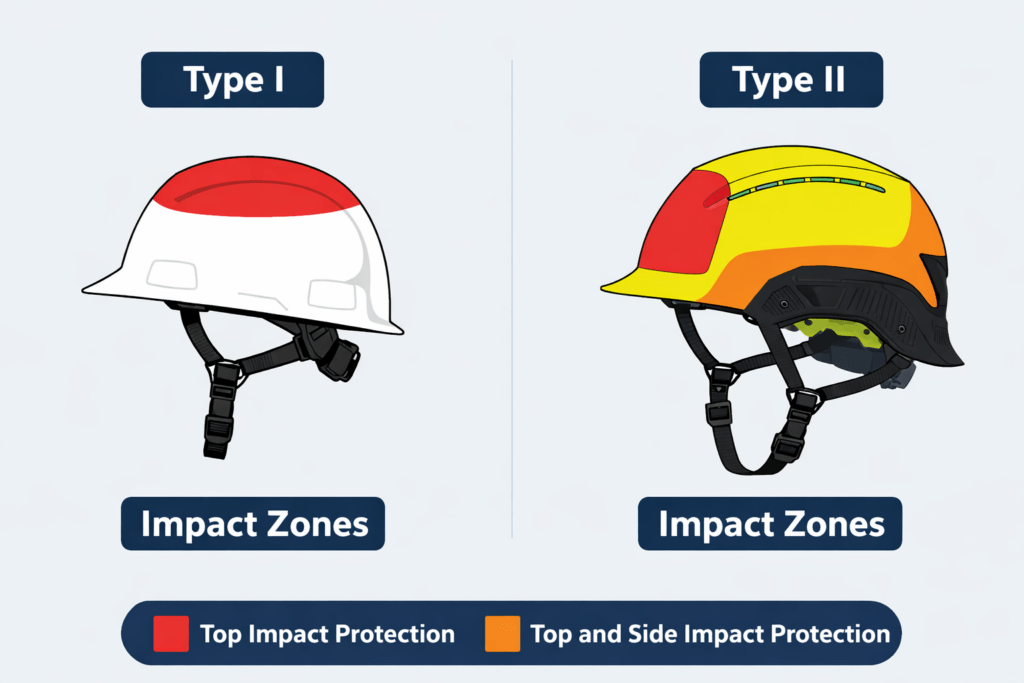 Comparison chart showing Type I vs Type II safety helmet impact protection zones including top and lateral impact coverage