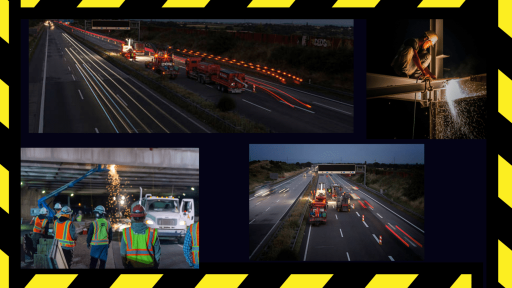 Road construction workers wearing ANSI high-visibility apparel in a nighttime work zone illuminated by traffic control lighting.