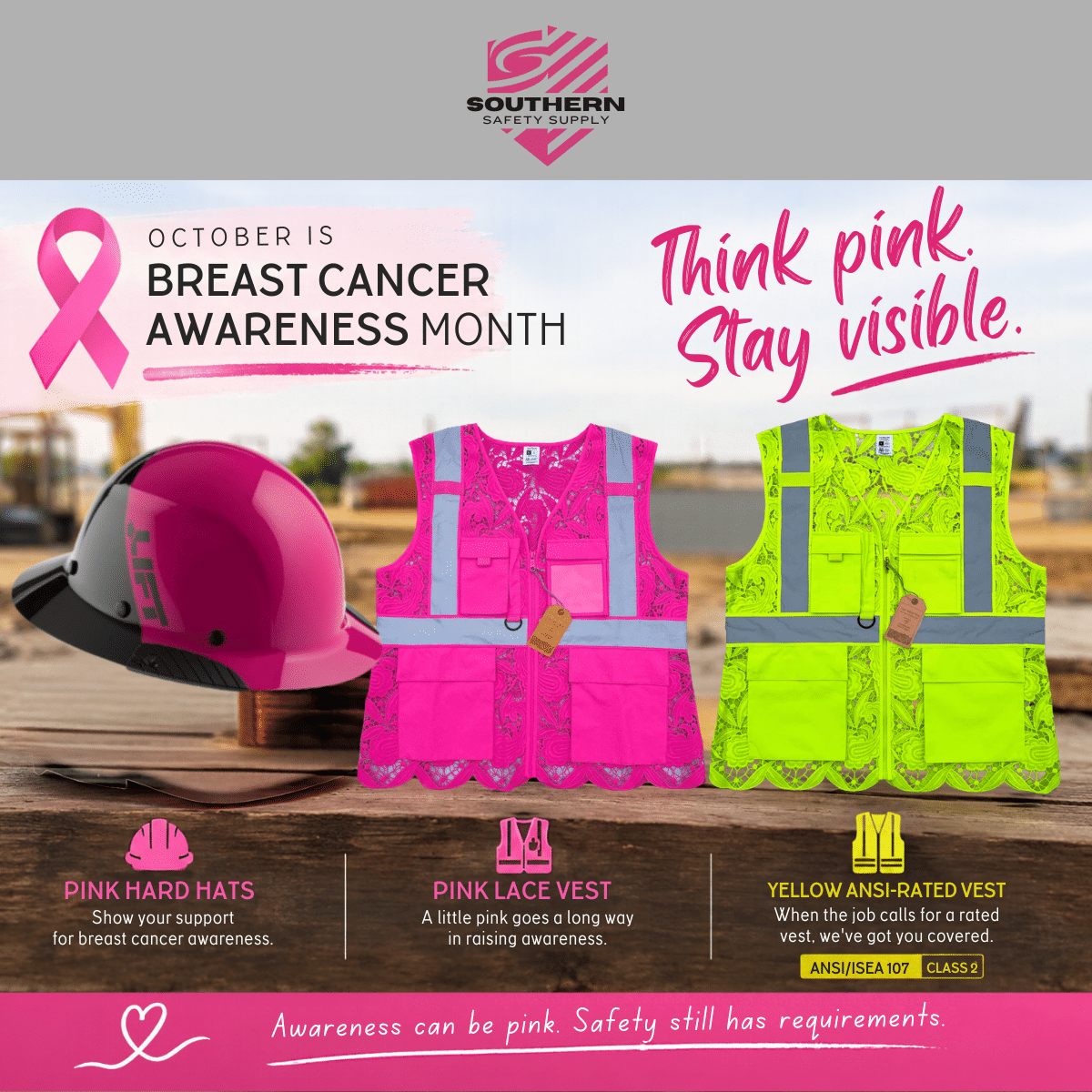 Pink hard hats, pink lace safety vest, and yellow high-visibility vest for Breast Cancer Awareness Month.